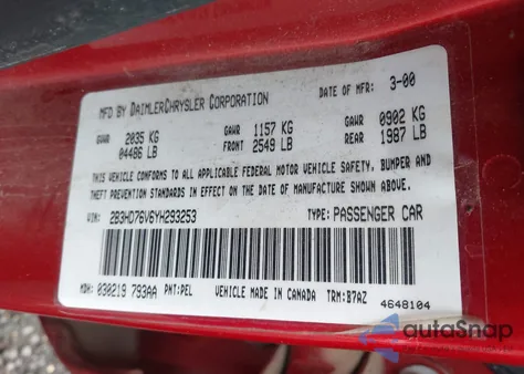 2000 Dodge Intrepid R/T z USA, uszkodzony, nr VIN 2B3HD76V6YH293253